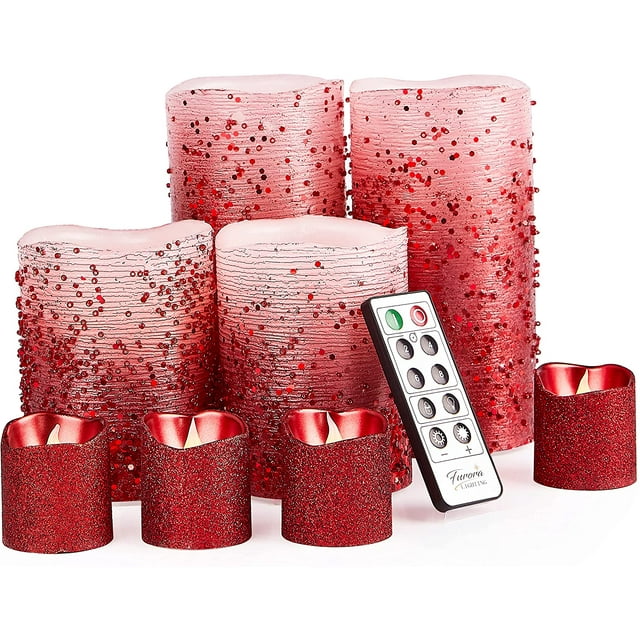 Furora Bougies Rouges Sans Flamme à Piles, Ensemble de 8, Bougies LED Télécommandées, Bougies Piliers en Cire Véritable Pailletées Rouges et Ensemble de Bougies Votives Rouges, Décoration d'Automne, Bougies de Noël