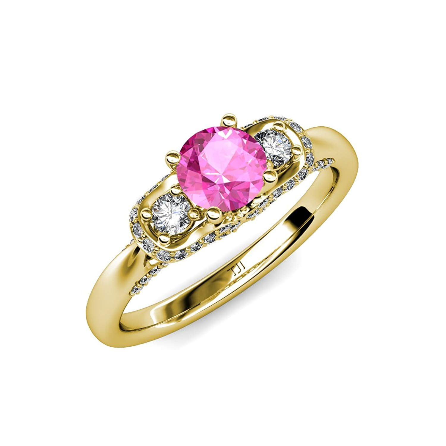 Pink Sapphire and Diamond Three Stone Ring with Diamond on Side Bar 1.55 ct tw 14K Yellow Gold.size 6.0 by TriJewels