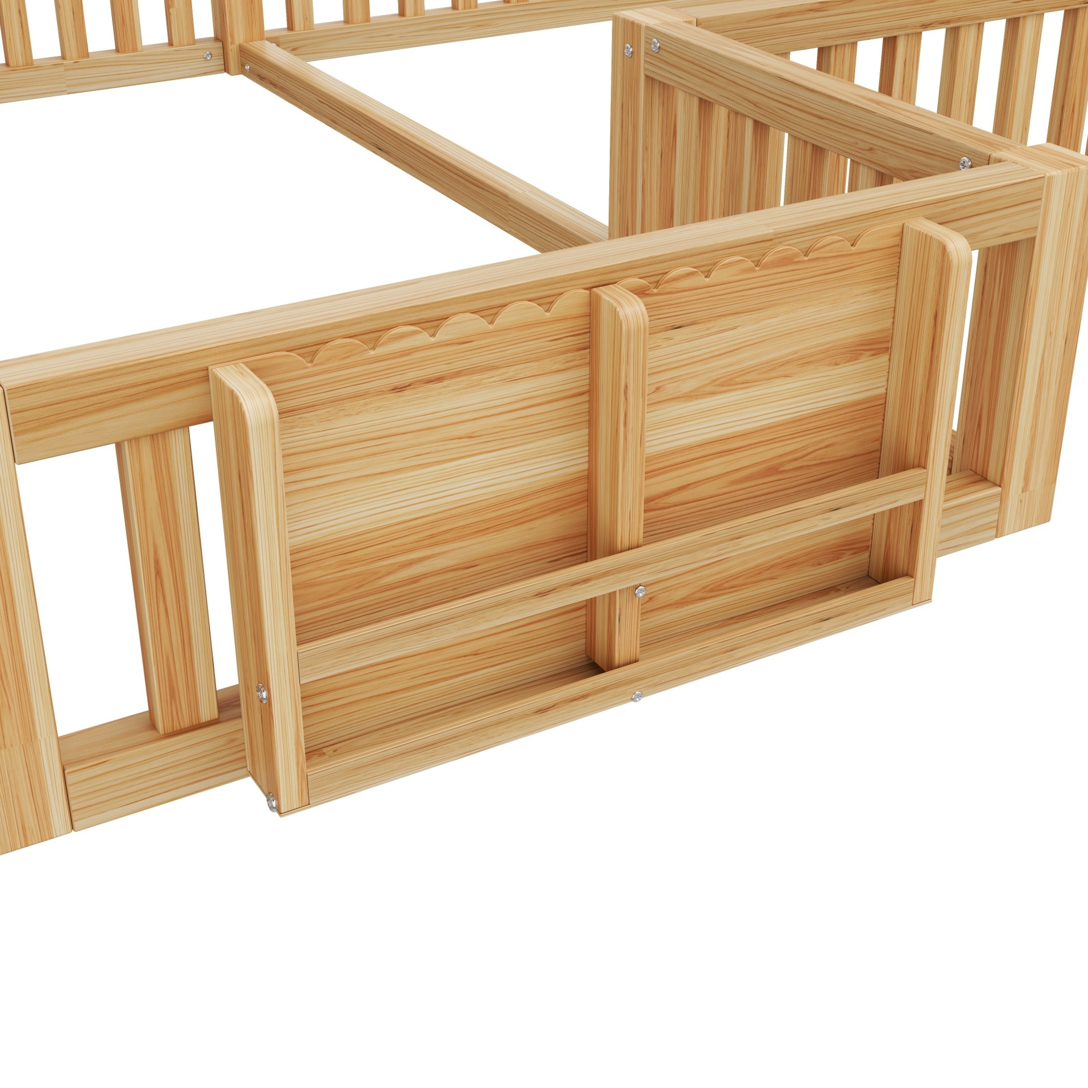 Noble House Lorven Twin & Full L-Shaped Floor Bed with Built-in Bookcase & Lockable Safety Gate, Natural
