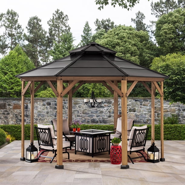 Sunjoy Nebraska Collection 13 ft. x 13 ft. Cedar Framed Octagon Gazebo with Black Steel 2tier