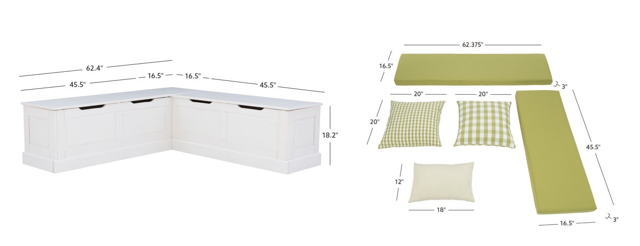 Linon Romero Backless Corner Nook with Storage, 5-Piece Cushion Set, White/Apple Green