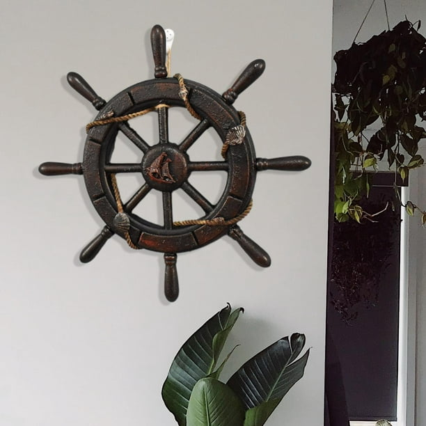 Fashion Nautical Boat Steering Wall Decor Statue Craft Mediterranean Nautical  Decoration Wooden Boat Rudder for Home Restaurant Party Decor 34cm 