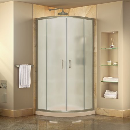 DreamLine Prime 33 in. x 74 3/4 in. Semi-Frameless Frosted Glass Sliding Shower Enclosure in Brushed Nickel with Biscuit Base