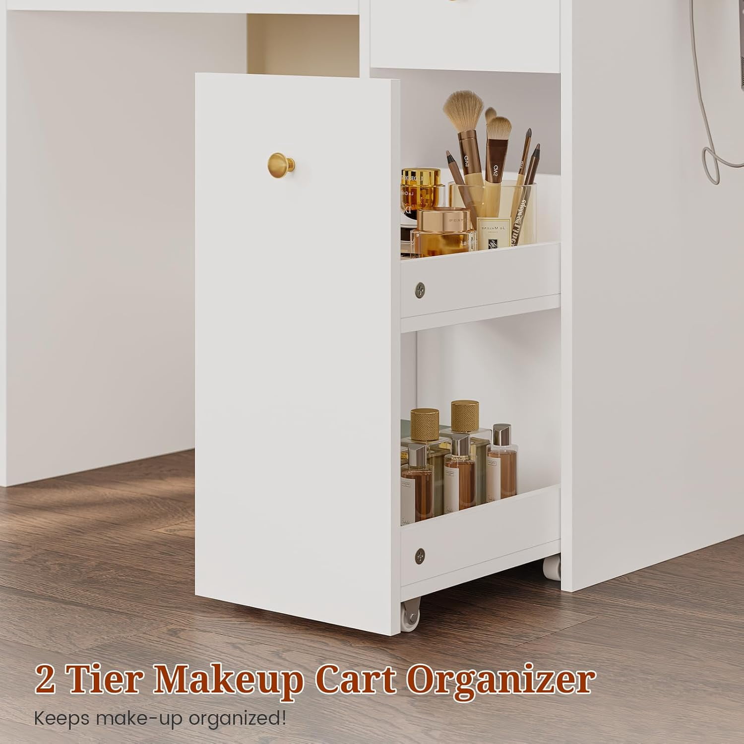 Vanity Desk With Large LED Mirror and Lights, Makeup Table With 6 Drawers and Power Outlet, Rolling Makeup Cart, Modern Storage Dressing Table, White
