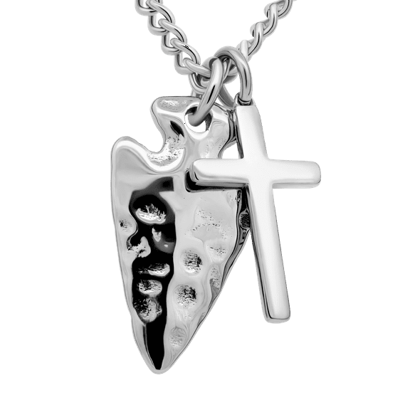 Men's Stainless Steel Arrowhead & Perfect Cross Necklace - 2 Sam 22:2; John 19:30 by Shields of Strength