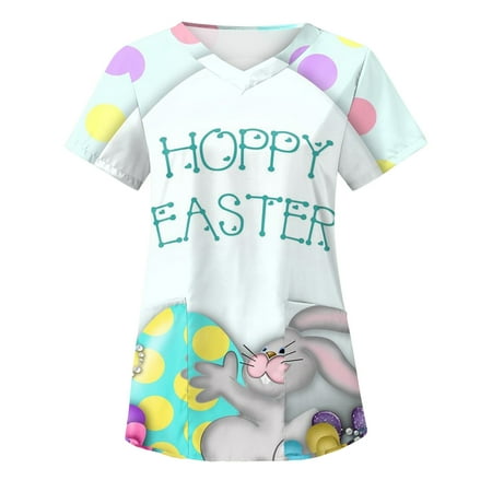 

Happy Easter Bunny Rabbit Graphic Funny Easter Day Women Scrubs Top Nurses Clothing Workwear Working Uniform T-Shirt Girls Short Sleeve Leisure T-Shirt