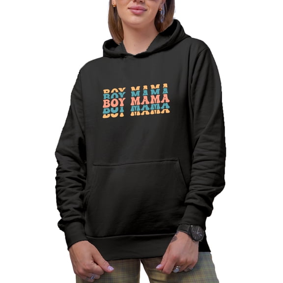 Boy Mama, Mom or Mother of Boys Themed, Groovy Retro Wavy Text Merch Gift, Black Hooded Sweatshirt or Hoodie, 2XL