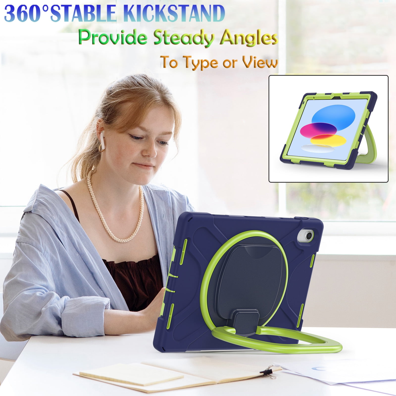 iPad 10th Generation Case 2022,iPad 10th Gen 10.9 inch Rugged Case with Screen Protector,Rotating Stand/Pencil Holder/Carrying Shoulder Strap - Navybulue+Lime