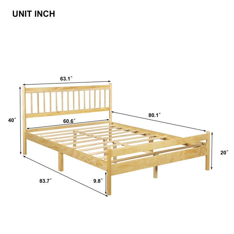 Queen Size Traditional Style Low Profile Platform Bed with Headboard and Footboard, Wood Bed Frame with Rounded Bedpost