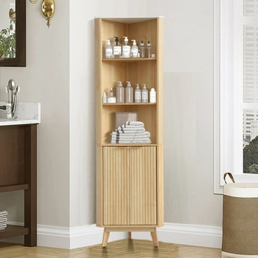 Magic Union 68" Tall Corner Cabinet, Fluted Storage Cabinet, Freestanding Corner Bathroom Shelf w/2 Doors and 3 Adjustable Shelves, Faux Marble Top, Curved Profile Design, Natural Oak