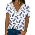 thumbnail image 2 of Wancir 2024 Summer Floral Printed Tops for Women Crochet Lace Trim V Neck Short Sleeve T Shirts Casual Loose Pullover Tee Shirts, 2 of 5