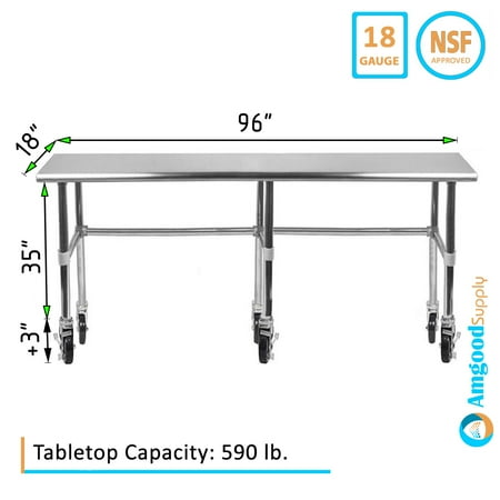 

AmGood 96 Long x 18 Deep Stainless Steel Work Table With Open Base and Wheels | Mobile Metal Table