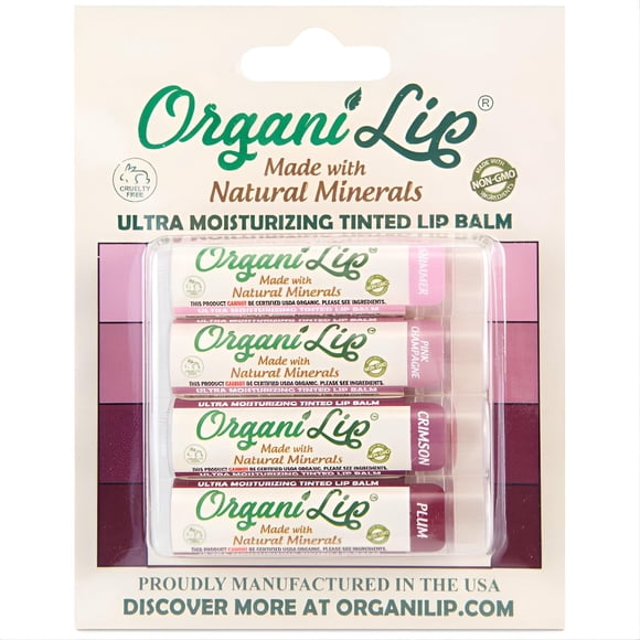 OrganiLip Bálsamo labial teñido – Hidratante natural para labios agrietados y secos – Cuidado de labios ultra hidratante durante todo el día para niños y adultos – Colores rosa champán carmesí ciruela