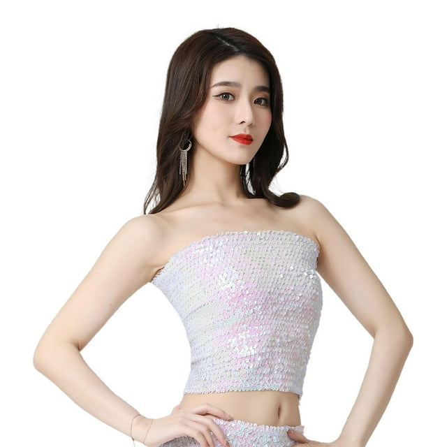 Blusa de tubo con lentejuelas para danza del vientre, para mujer, con hombros descubiertos, sin tirantes Blanco