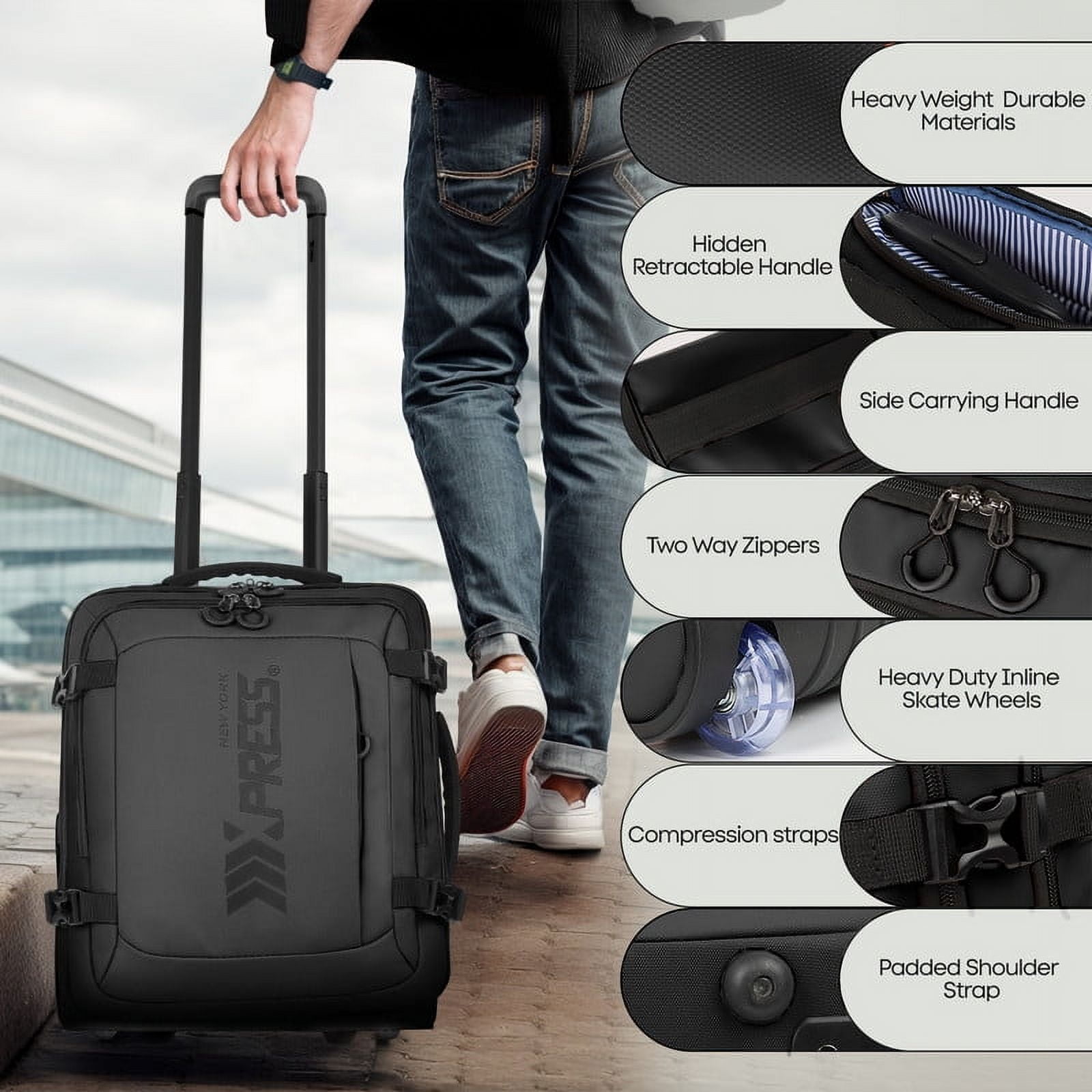 17" Underseat Carry On Luggage Airplane Approved,Water Resistant Softside Rolling Suitcase Lightweight Personal Item Travel Bag,Black - TA069