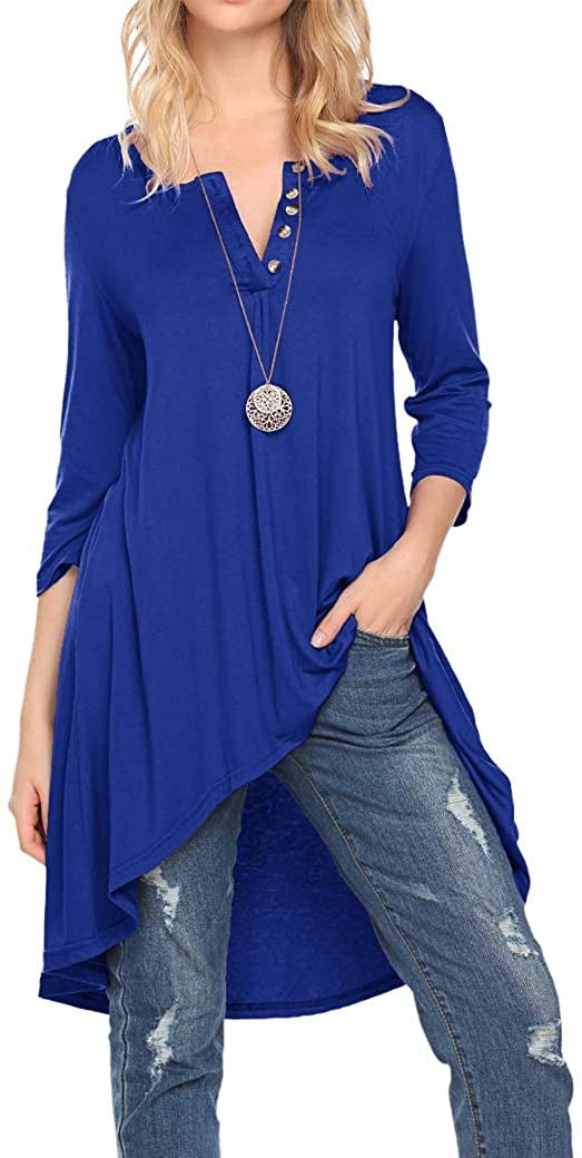 Naggoo Women's 3/4 Sleeve V Neck Henley Casual Loose Tunic Tops Soft Ladies Long Tshirts Button Up Blouses Tees S-3XL 