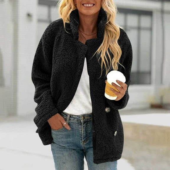 Women's Fleece Jacket Oversized Sherpa Teddy Bear Cardigan Faux Fur Coat Stand Collar Long Sleeve Button with Pockets Winter Warm Outerwear