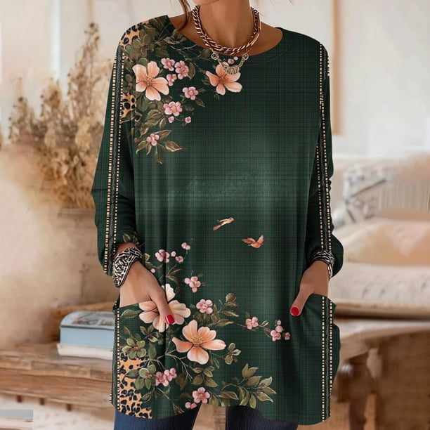 TaTaai Vintage Printed Long Sleeve Tees With Pockets for Women 2026 Casual Loose Fit Round Neck Blouse Retro Fashion Tops Soft Lightweight Comfort Gift