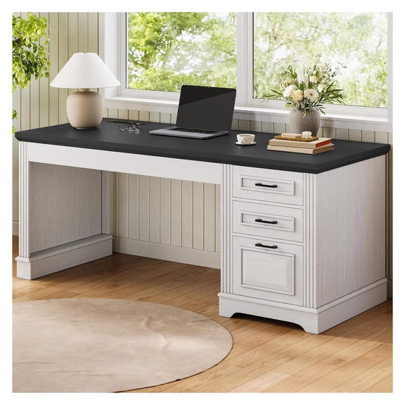 Farmhouse Executive Desk 55", Computer Desk with Drawers & Power, Home Office Workstation, White