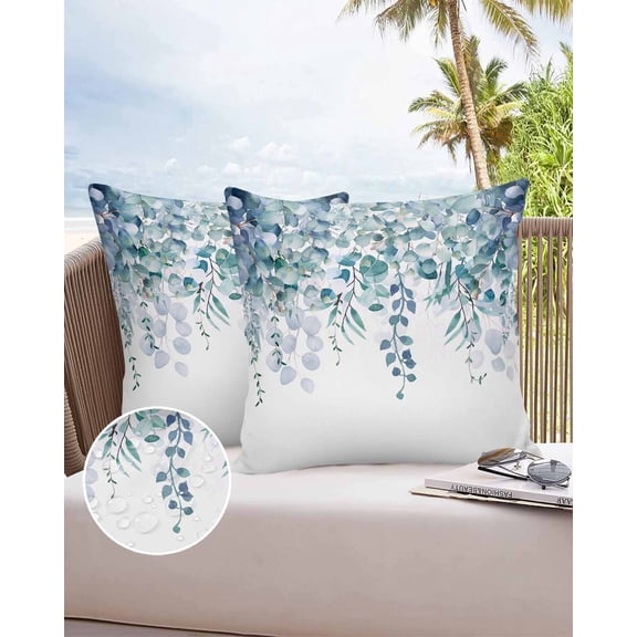 Outdoor Pillow Covers Throws Pastoral Eucalyptus Botanical Leaves,Waterproof Pillow Cases Pack of 2 Watercolor Blue Green Plant,Durable Cushion Cover Pillowcase for Patio Balcony Couch Garden