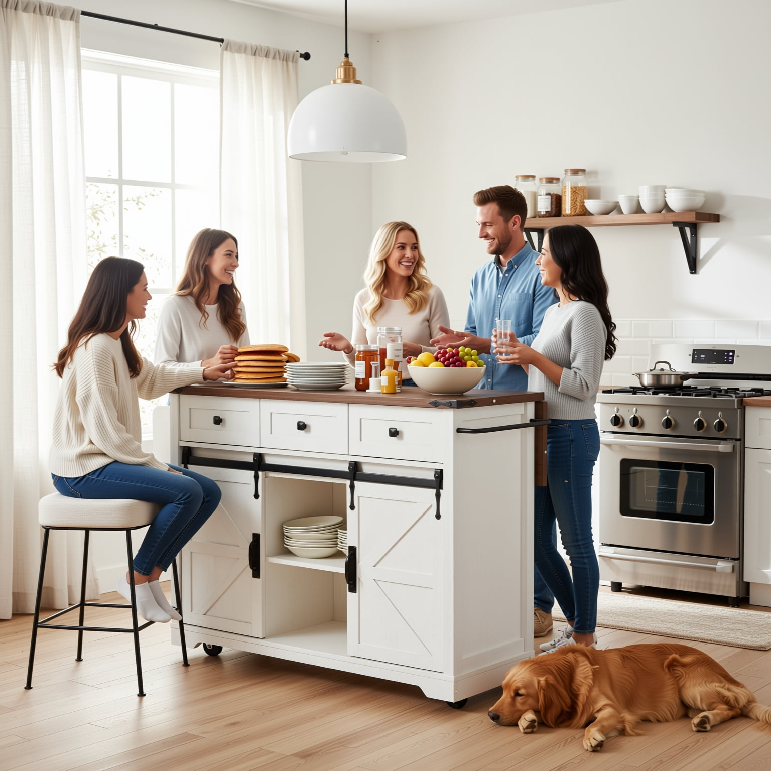 Homy Casa Farmhouse 53.7" Rolling Kitchen Island with Storage Cabinet, Sliding Barn Doors, Wood Top Storage Cart