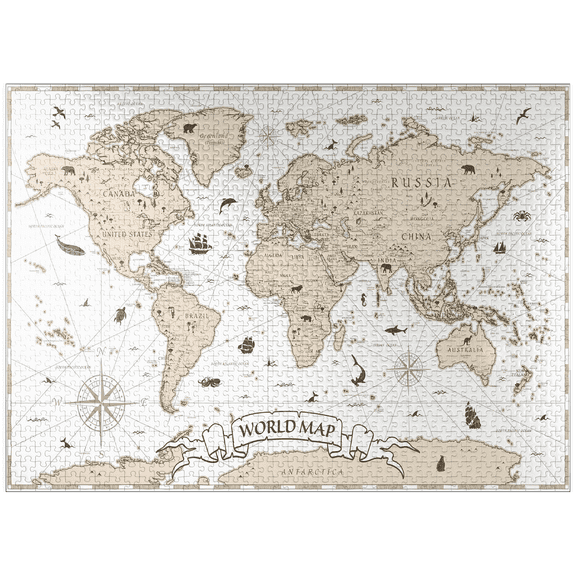 MyPuzzle - Detailed Vintage Cartoon World Map - Premium 1000 Piece Jigsaw Puzzle for Adults