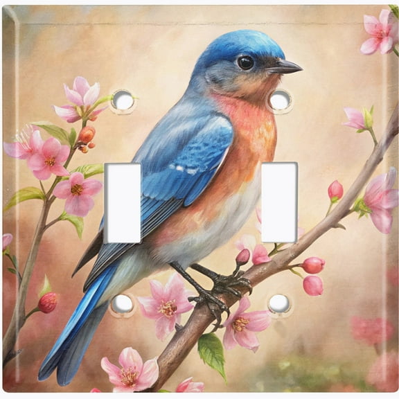 Metal Light Switch Wall Plate Outlet Cover (Printed Image of Blue Bird on Branch - Double Toggle)