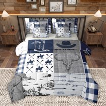 Homewish Tribal Sheep Skeleton Bedding Comforter Set 7pcs, Grey Navy Buffalo King Bedding Sets, Rustic Western Hunting Reversible Bed Sheets, Microfiber Bedroom Decor