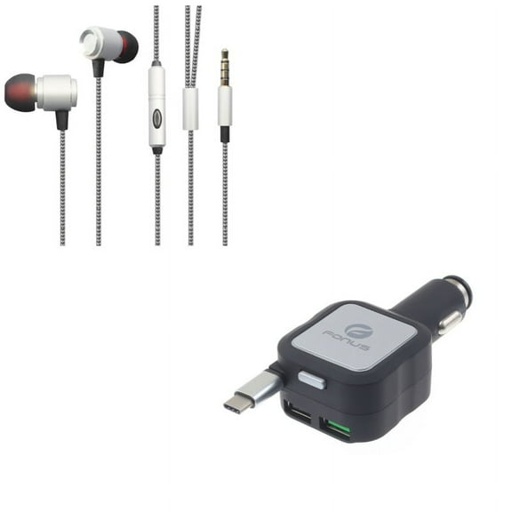 Hi-Fi Sound Wired Earphones w Retractable Car Charger D5L for LG V50 ThinQ 5G, V40 ThinQ, V35 ThinQ, Q7 Plus, Google Nexus 5X, G8 ThinQ, G7 ThinQ, G Pad X II 10.1, Stylo 4 Plus