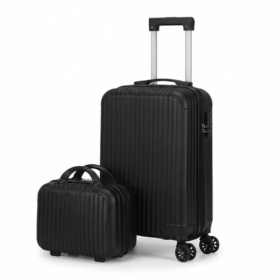 2 Piece Vertical Striped Luggage Set, Carry On Hardside Suitcase with Spinner Wheels & TSA Lock, Lightweight Travel Luggage with Cosmetic Case Black