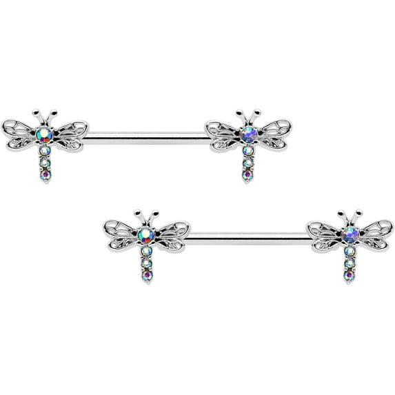 Body Candy 14G Womens Piercing Steel 2Pc Ornate Dragonfly Aurora Nipple Ring Set 9/16