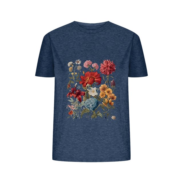 Blusas de Verano de las Mujeres Flor Impresa Cuello Redondo Manga Corta Superior, Verano Superior de las Mujeres