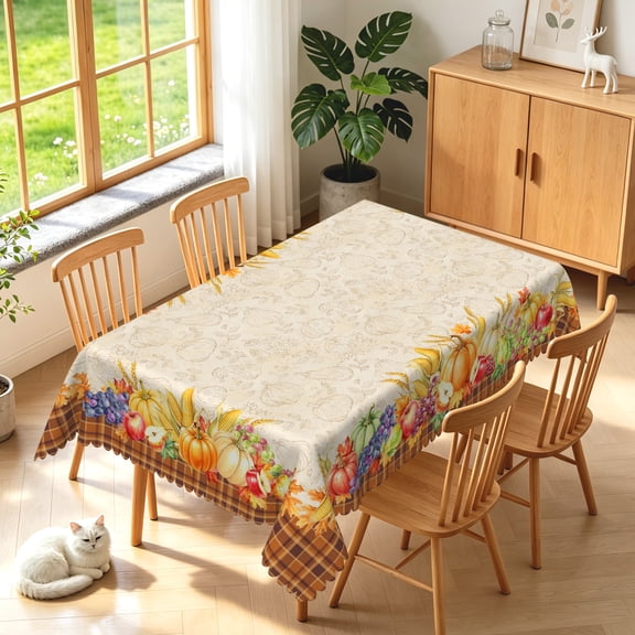 Duangreer Fall Harvest Festival Rectangle Tablecloth, Retro Pumpkin Apple Corn Print, Table Cover with Waterproof Wrinkle Resistant, 60 x 84 Inch