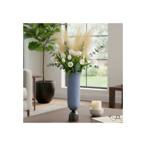 Coastal Glass Vase with Metal Base for Living Room and Home Decor - Decorative Flower Vase for Office, Bedroom, or Tabletop Decor - Ideal House Accent for Bathroom or Nightstand - 16", Blue