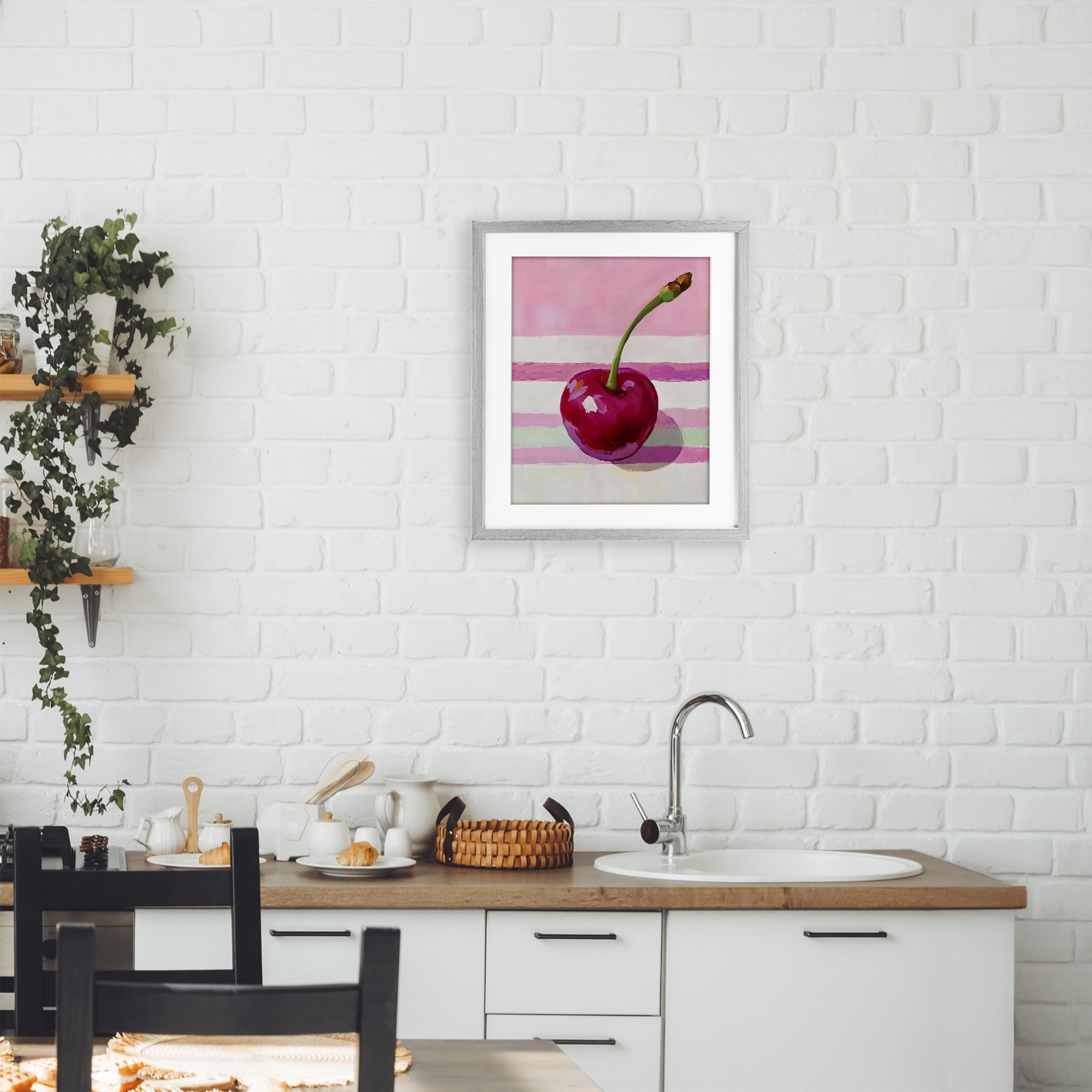 Stupell Industries Cherry on Pink Stripes Gray Framed Print Under Glass, design by The Prints Vibe
