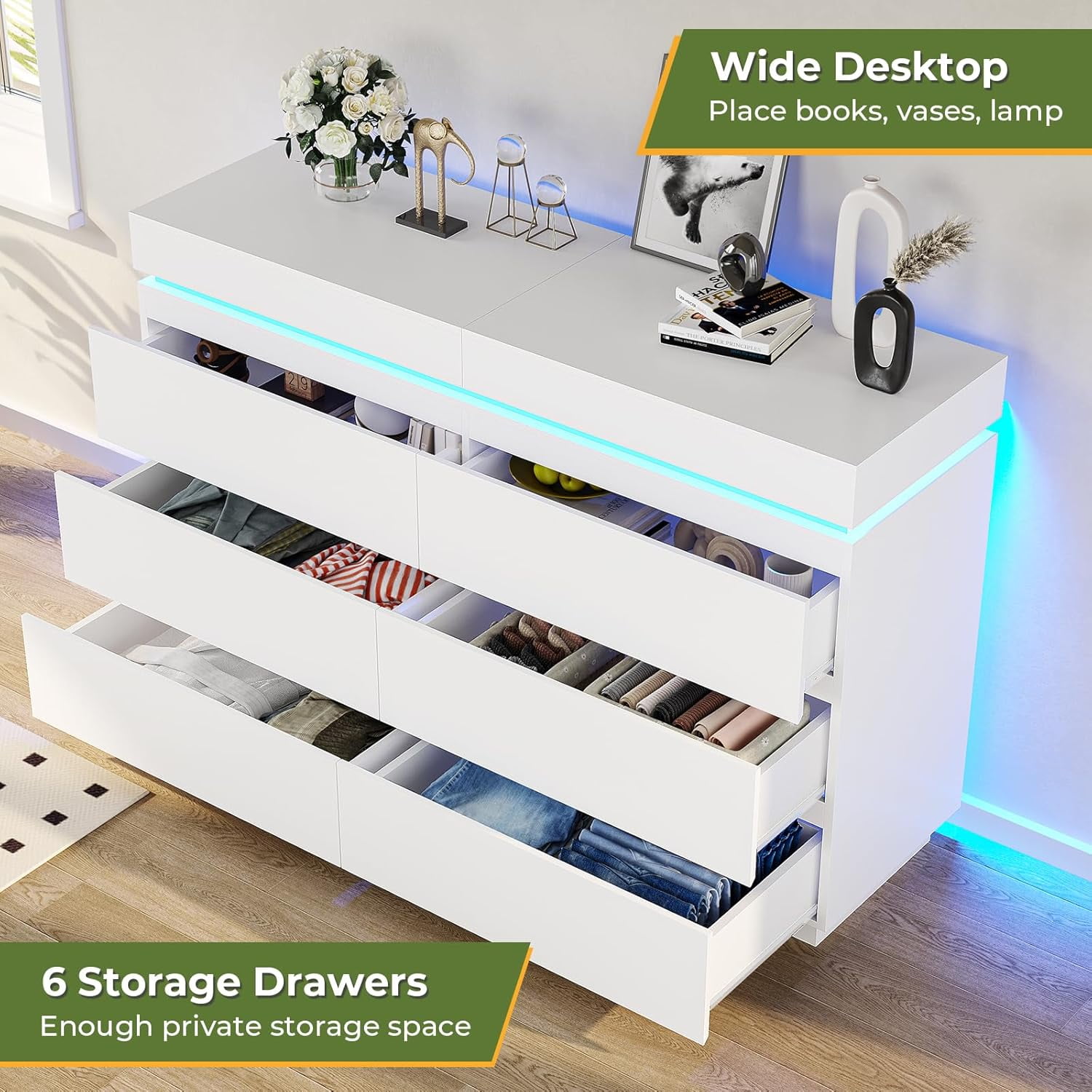 6 Drawer Dresser with Charging Station&LED Lights for Bedroom, Large Chest of Drawers Storage Cabinets with 6 Drawers, Clothes Closet Bedroom Funiture for Living Room, White