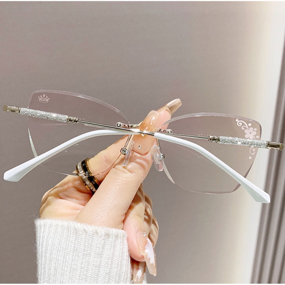 2 Pairs of Women Diamond Rimless Blue Light Blocking Reading Glasses 1.50 Gradient Pink Sunglasses Butterfly Silver Readers +1.50