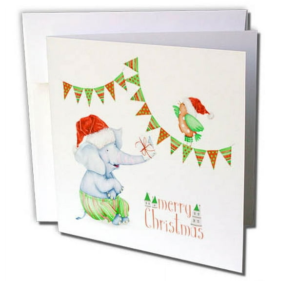 3dRose, Cute Christmas Elephant and Bird With Merry Christmas, 1 Greeting Card with envelope