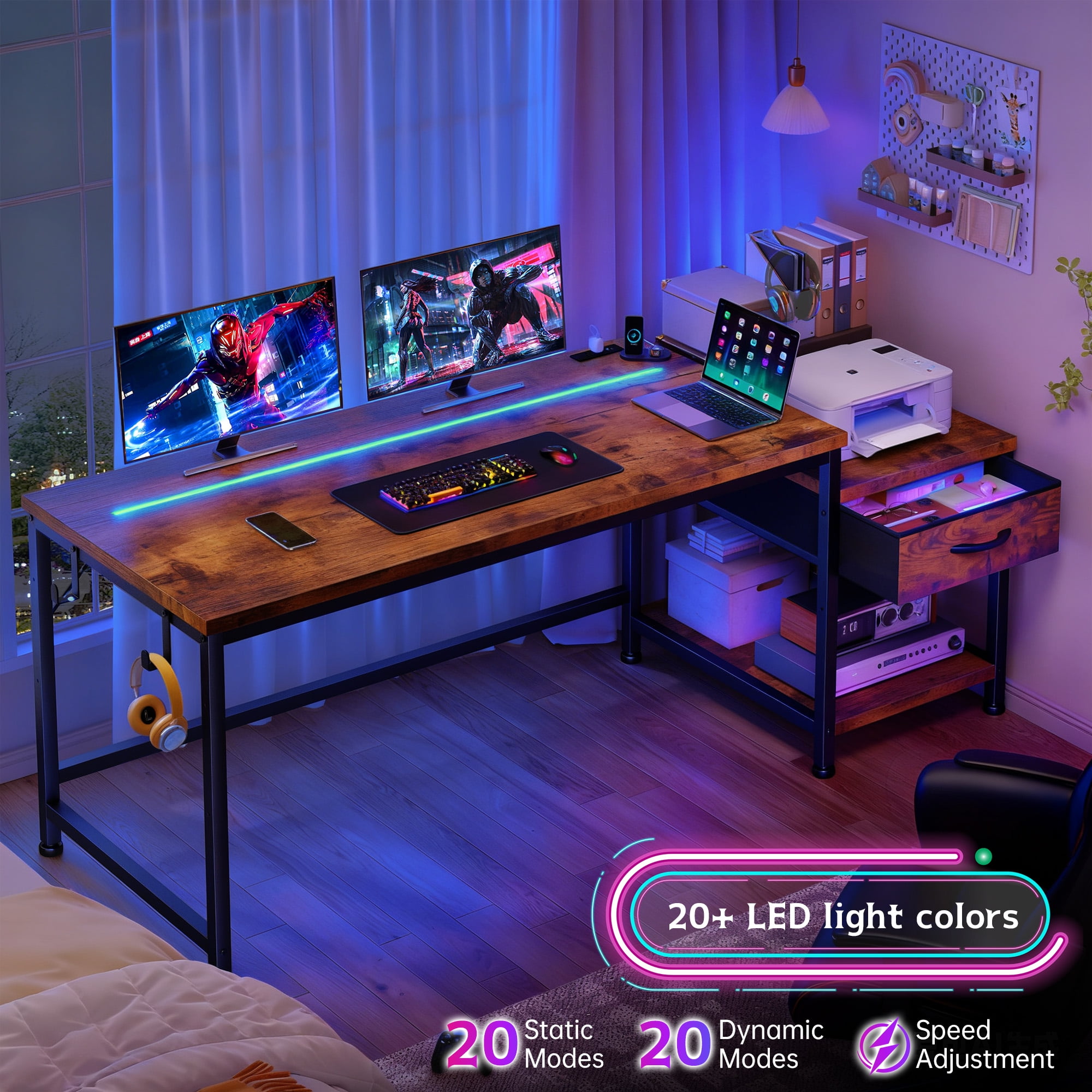 Romorgniz 56"W Gaming Desk with LED Lights & Power Outlets, Computer Desk with Fabric Drawer & Printer Shelf, Small Space Desk for Home Office, Dorm, Bedroom, Rustic Brown