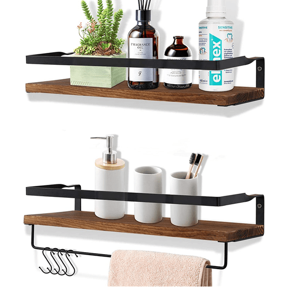 Wooden Floating Shelves Wall Mounted Set of 2, Rustic Wood Wall Storage Shelves Bathroom Shelf Decorative Storage Shelves with Rails & Towel Holder for Bedroom, Living Room