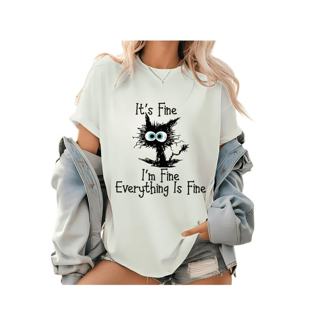 Viral Cat Meme T-Shirt - 'everything is Fine' Sarcastic Black Cat Graphic Tee for Cat Lovers, unisex Soft Cotton Humorous Mental Health Tops