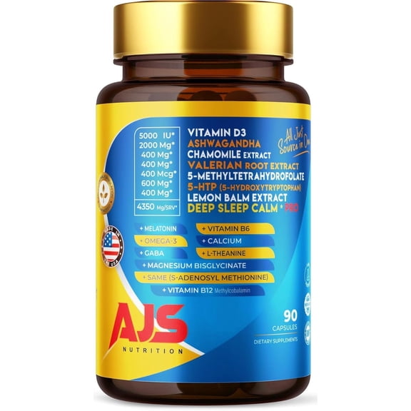 AJS Natural Calm Sleep Support Mood Aid Capsules with Melatonin, L-Theanine, GABA, Valerian, Chamomile, Vitamin B6 B12, Magnesium & 5-HTP, Ashwagandha, Lemon Balm, L-5-MTHF, Huperzine A ,16-in-1 90CT
