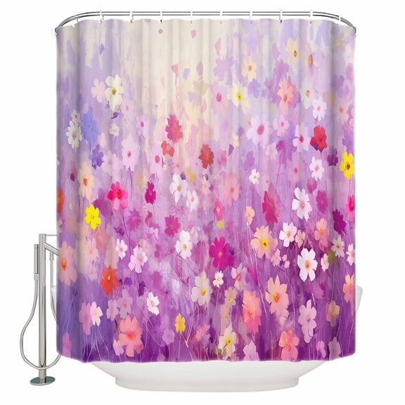 Extra Long Shower Curtain 72x84 Inch, Pink Spring Floral Shower Curtain Waterproof Bathroom Decor Summer Daisy Botanical Oil Painting Fabric Bath Curtain Set Accessories with Hooks