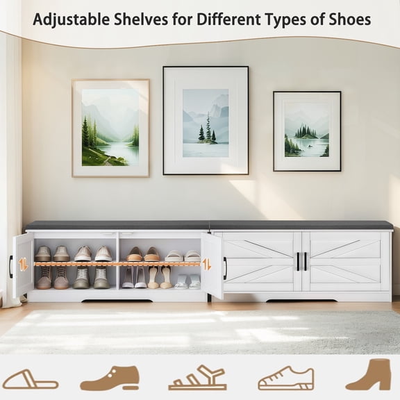 2-Tier Storage Bench with Padded Seat Cushion, Farmhouse Shoe Bench for Entryway, 39.4 Wide White MDF Bench with 2 Barn Doors & Adjustable Shelves, Space Saving Storage for Living Room, Bedroom