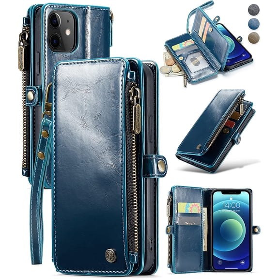 for iPhone 12/ Pro Case Wallet, iPhone 12 Wallet Case for Women Men, Vintage PU Leather Magnetic Flip Wrist Strap Zipper Card Holder Phone Cases for iPhone 12 & iPhone 12 Pro, Luxury Blue