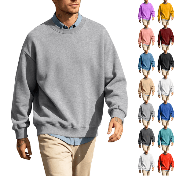 Jopfuhed Mens Plus Size Crewneck Sweatshirts Solid Color Fleece Lined Long Sleeve Pullover Tops Soft Comfy Casual Fall Winter Basic Sweatshirt,Sizes S-5XL