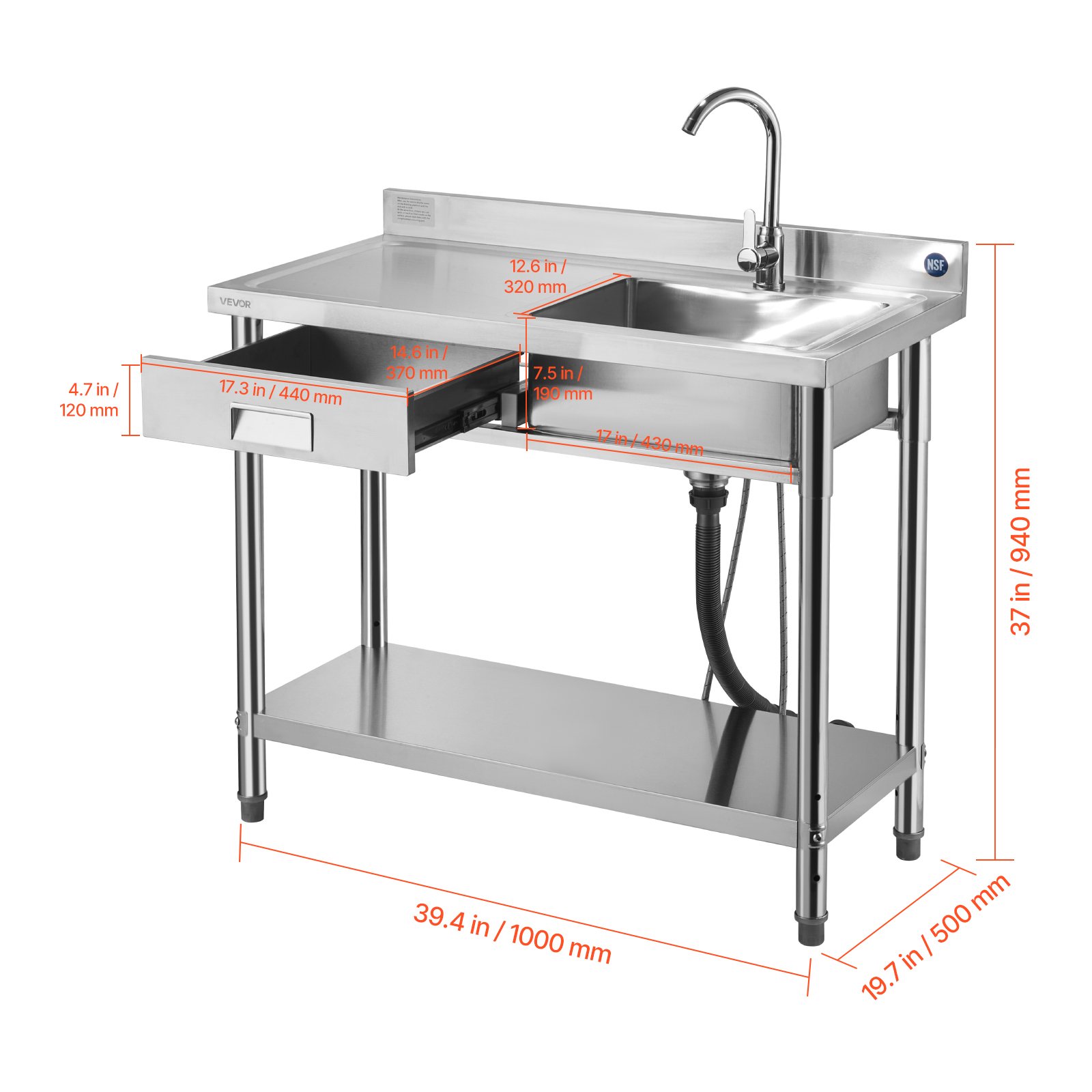 VEVOR Stainless Steel Utility Sink, Free Standing Single Bowl Commercial Kitchen Sink with Drawer, Faucet and Hot & Cold Water Pipe, Utility Basin for Garage Restaurant Laundry, 39.4 x 19.7 x 37 in