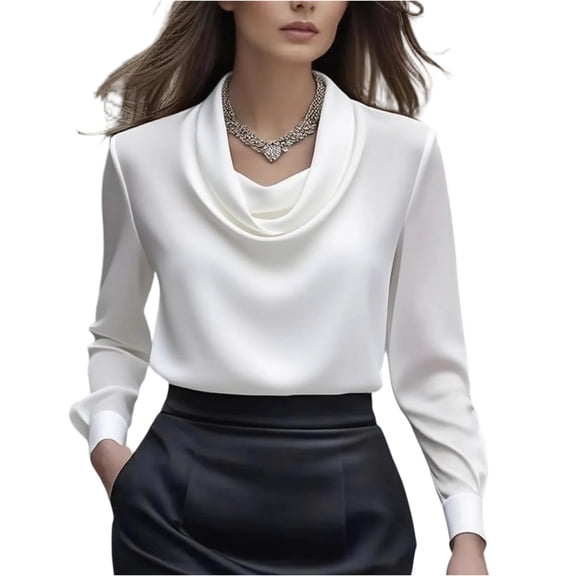 Women's Elegant Solid Satin Cowl Neck Blouse Long Sleeves Casual Business Dressy Shirts Office Work Ladies Top White L