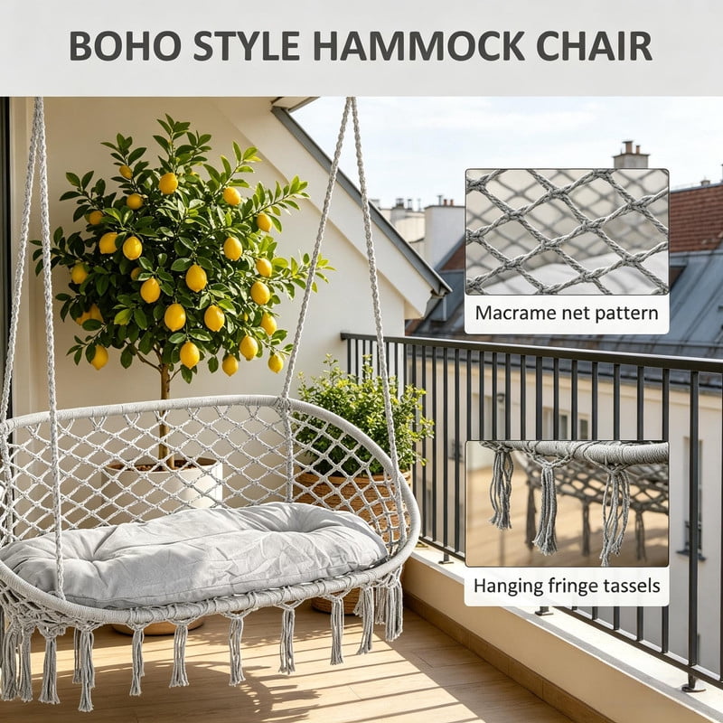 2-Person Macrame Hammock Chair Swing with Soft Cushion – Heavy Duty 396 lbs Capacity, Cotton Rope Hanging Chair Chair for Patio, Garden, Bedroom & Balcony
