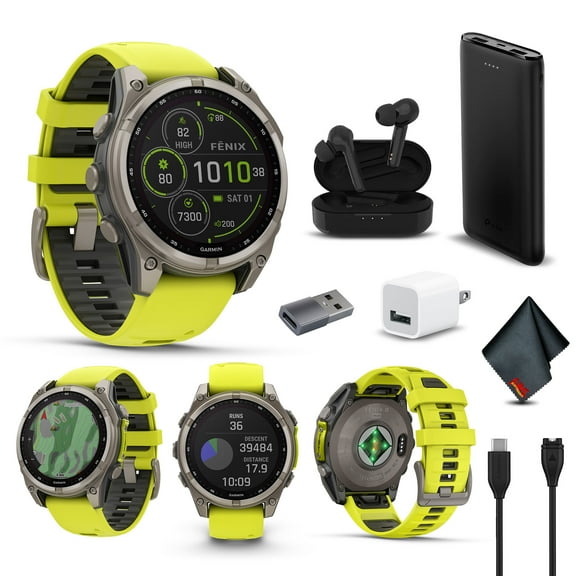Garmin Fenix 8 47MM Solar Sapphire Multisport GPS Smartwatch Titanium with Amp Yellow Silicone Band, 48 Days Battery Life, Built-in LED flashlight, Fitness & Health Smart Watch Bundle for Men & Women